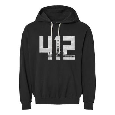 Vintage Pittsburgh Pennsylvania 412 Area Code Skyline Garment-Dyed Fleece Hoodie