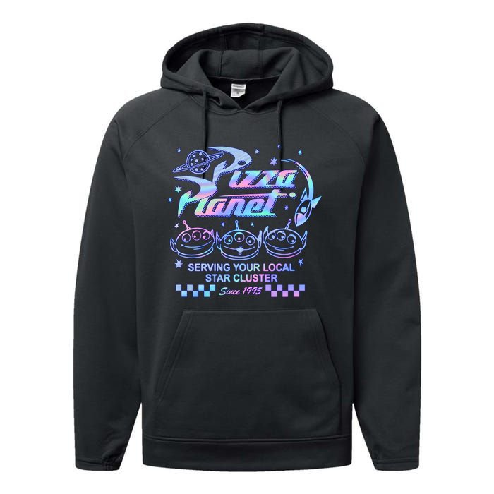 Vintage Pizza Planet Serving Your Local Star Cluster Alien Performance Fleece Hoodie