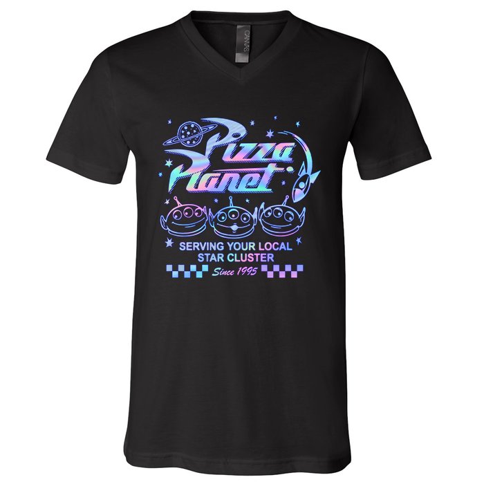 Vintage Pizza Planet Serving Your Local Star Cluster Alien V-Neck T-Shirt