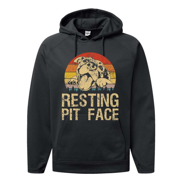 Vintage Pitbull Resting Pit Face Funny Pitbull Lovers Performance Fleece Hoodie