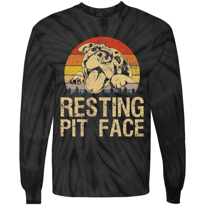 Vintage Pitbull Resting Pit Face Funny Pitbull Lovers Tie-Dye Long Sleeve Shirt