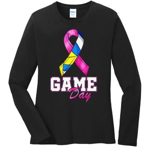 Volleyball Pink Ribbon Breast Cancer Awareness Sport Gift Ladies Long Sleeve Shirt