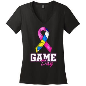 Volleyball Pink Ribbon Breast Cancer Awareness Sport Gift Women's V-Neck T-Shirt