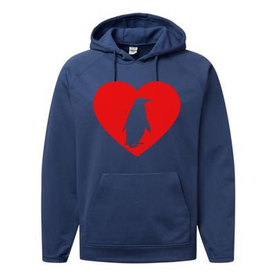 Vintage Penguin Red Heart Animal Lover Valentines Day Gift Performance Fleece Hoodie