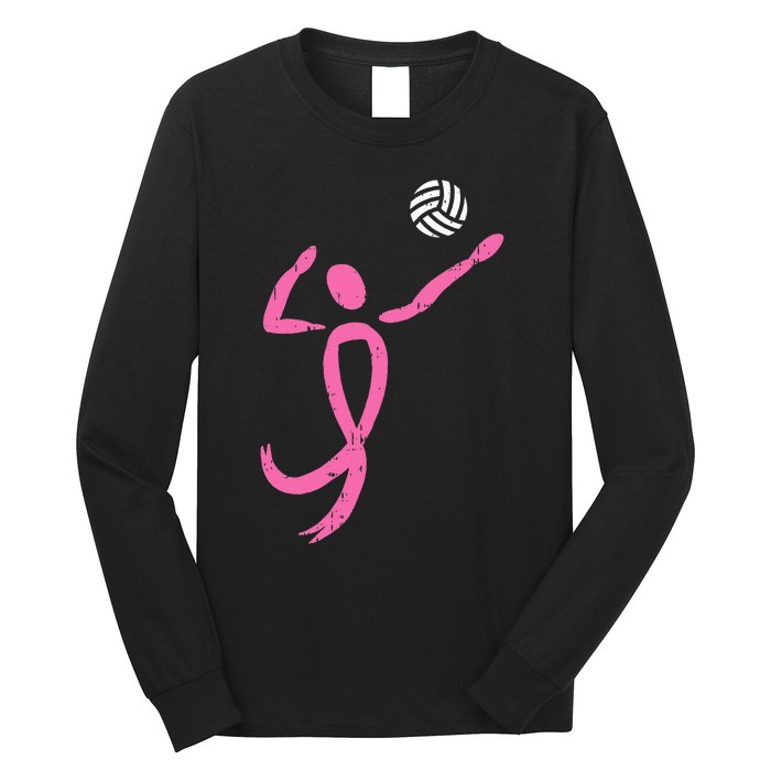 Volleyball Pink Ribbon Breast Cancer Awareness Sport Gift Long Sleeve Shirt