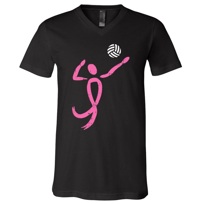 Volleyball Pink Ribbon Breast Cancer Awareness Sport Gift V-Neck T-Shirt