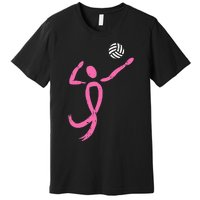 Volleyball Pink Ribbon Breast Cancer Awareness Sport Gift Premium T-Shirt