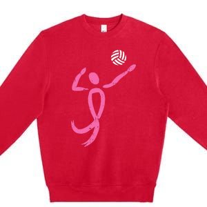 Volleyball Pink Ribbon Breast Cancer Awareness Sport Gift Premium Crewneck Sweatshirt