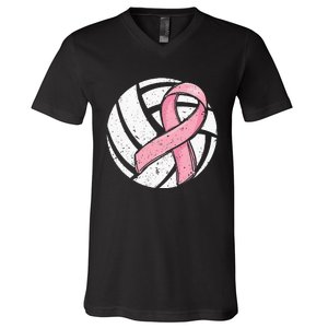 Volleyball Pink Ribbon Breast Cancer Awareness Sport Lover V-Neck T-Shirt