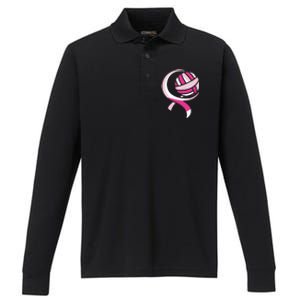 Volleyball Pink Ribbon Cool Breast Cancer Awareness Gifts Performance Long Sleeve Polo