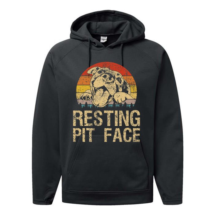 Vintage Pitbull Resting Pit Face  Funny Pitbull Lovers  Performance Fleece Hoodie