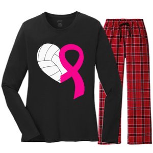 Volleyball Pink Ribbon Cool Breast Cancer Awareness Gifts Women's Long Sleeve Flannel Pajama Set 