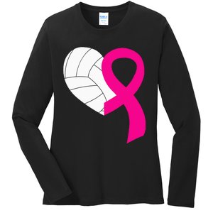 Volleyball Pink Ribbon Cool Breast Cancer Awareness Gifts Ladies Long Sleeve Shirt