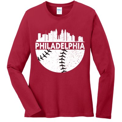 Vintage Philadelphia Skyline Baseball Retro Cityscap Ladies Long Sleeve Shirt