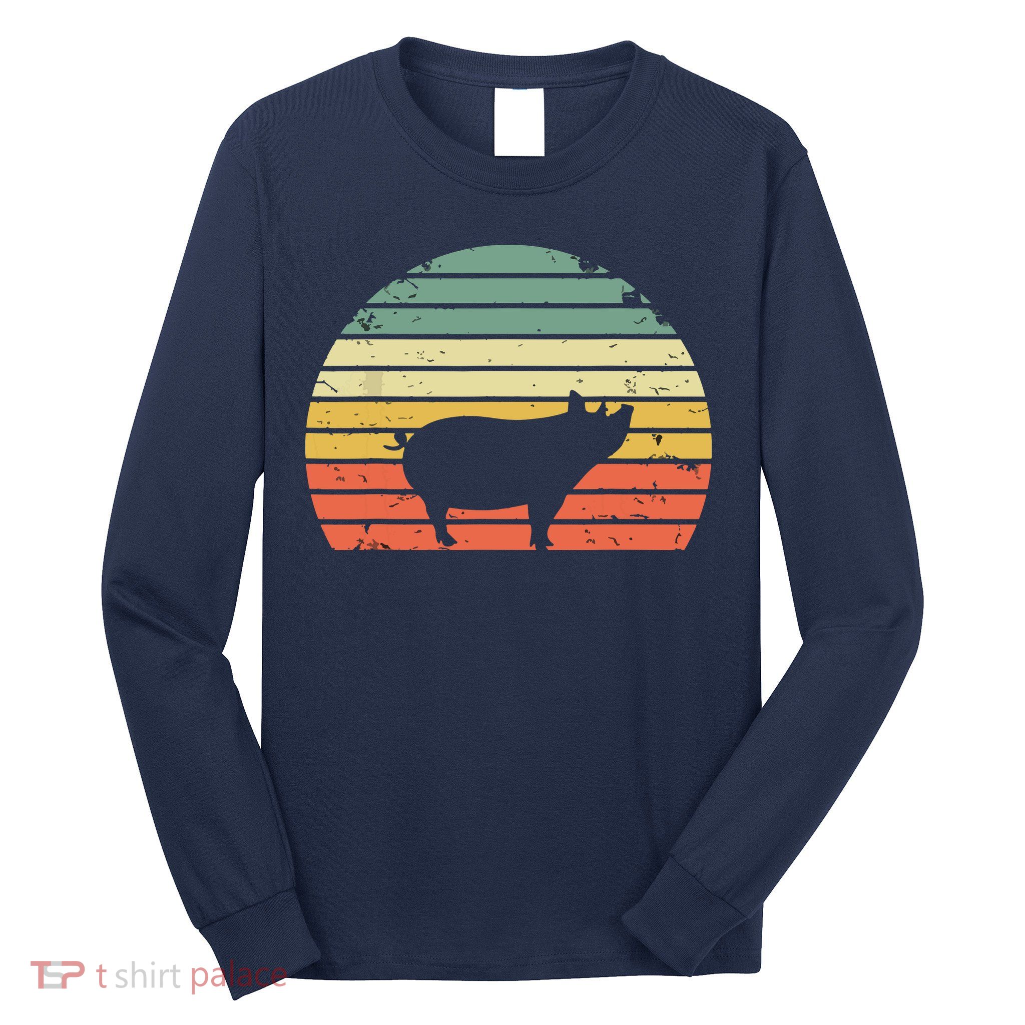 Vintage Pig Shirts Retro Sunset Colors Silhouette Pig Long Sleeve Shirt