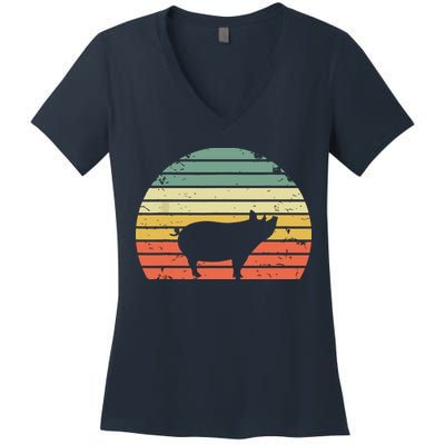 Vintage Pig Shirts Retro Sunset Colors Silhouette Pig Women's V-Neck T-Shirt