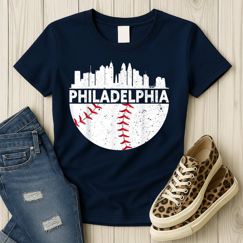 Vintage Philadelphia Skyline Baseball Retro Philly Cityscap Womens T-Shirt