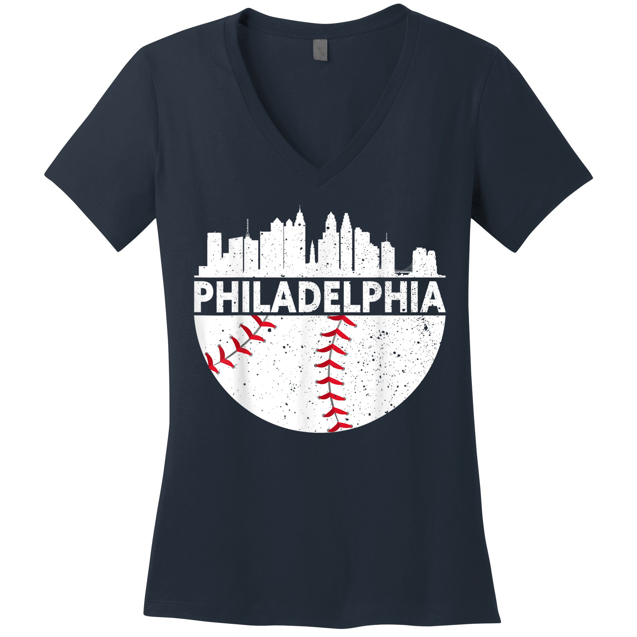Vintage Philadelphia Skyline Baseball Retro Philly Cityscap Women's V-Neck T-Shirt
