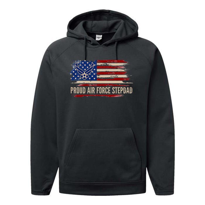 Vintage Proud Stepdad American Flag Veteran Gift Performance Fleece Hoodie