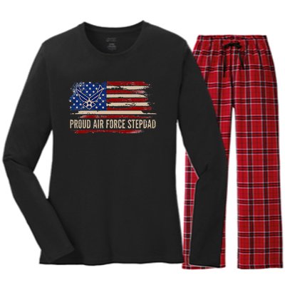 Vintage Proud Stepdad American Flag Veteran Gift Women's Long Sleeve Flannel Pajama Set 