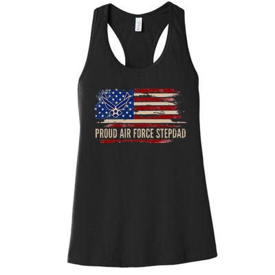 Vintage Proud Stepdad American Flag Veteran Gift Women's Racerback Tank