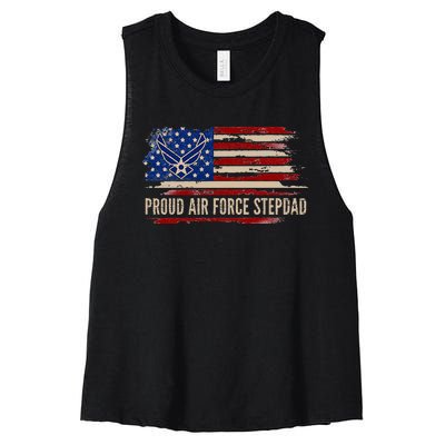 Vintage Proud Stepdad American Flag Veteran Gift Women's Racerback Cropped Tank