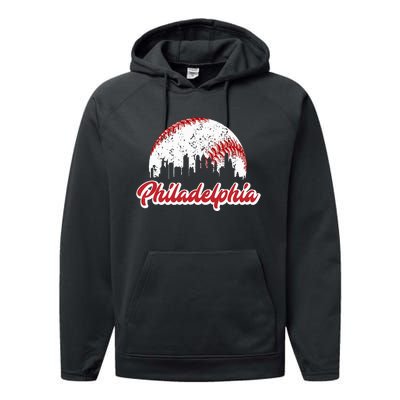 Vintage Philadelphia Skyline Philly Cityscape Performance Fleece Hoodie