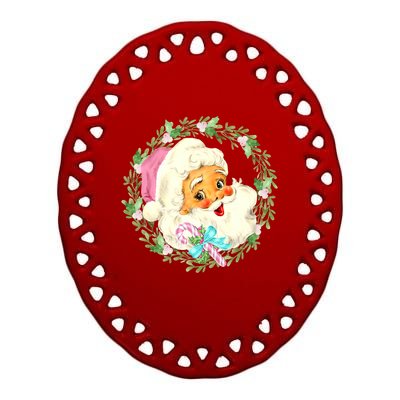 Vintage Pink Santa Claus Pink Christmas Design Ceramic Oval Ornament