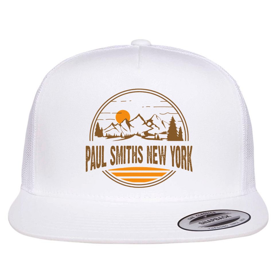 Vintage Paul Smiths New York Mountain Hiking Souvenir Print Flat Bill Trucker Hat