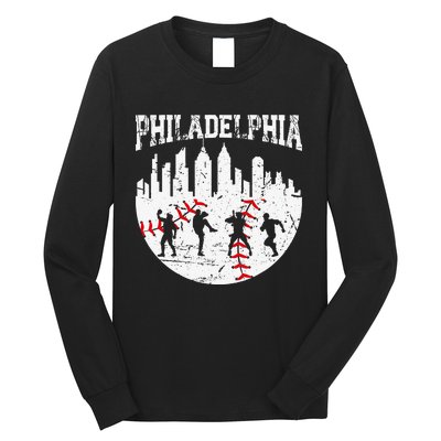 Vintage Philadelphia Skyline Cityscape Baseball Fans Long Sleeve Shirt