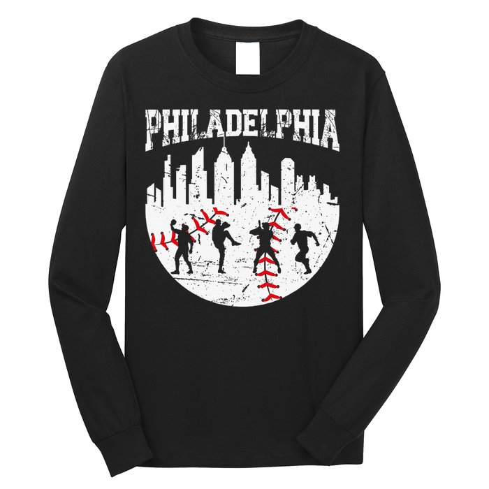 Vintage Philadelphia Skyline Cityscape Baseball Fans Long Sleeve Shirt