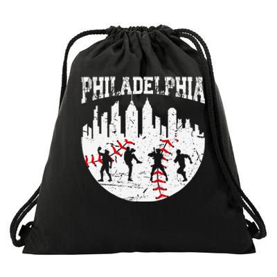 Vintage Philadelphia Skyline Cityscape Baseball Fans Drawstring Bag