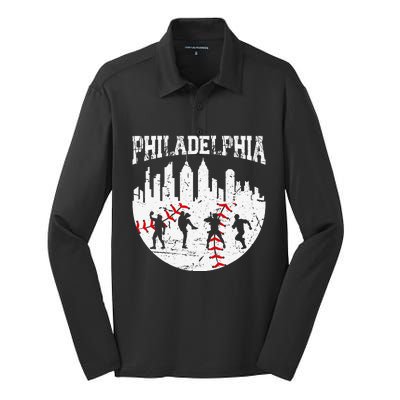 Vintage Philadelphia Skyline Cityscape Baseball Fans Silk Touch Performance Long Sleeve Polo