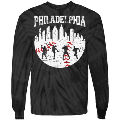 Vintage Philadelphia Skyline Cityscape Baseball Fans Tie-Dye Long Sleeve Shirt