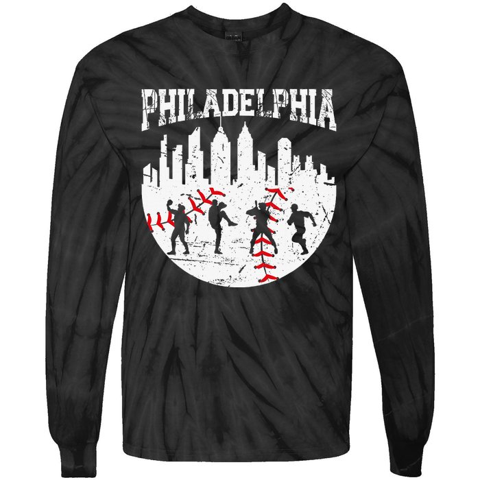 Vintage Philadelphia Skyline Cityscape Baseball Fans Tie-Dye Long Sleeve Shirt