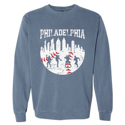 Vintage Philadelphia Skyline Cityscape Baseball Fans Garment-Dyed Sweatshirt