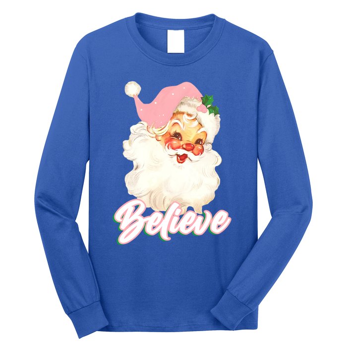 Vintage Pink Santa Claus Pink Christmas Believe Santa Gift Long Sleeve Shirt