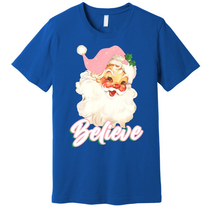 Vintage Pink Santa Claus Pink Christmas Believe Santa Gift Premium T-Shirt