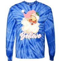 Vintage Pink Santa Claus Pink Christmas Believe Santa Gift Tie-Dye Long Sleeve Shirt