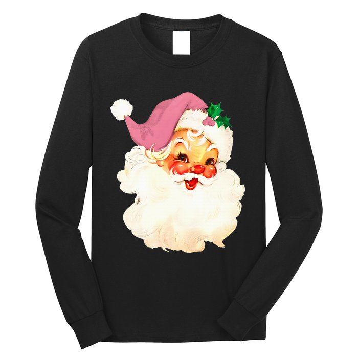 Vintage Pink Santa Claus Pink Christmas  Long Sleeve Shirt