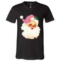 Vintage Pink Santa Claus Pink Christmas  V-Neck T-Shirt