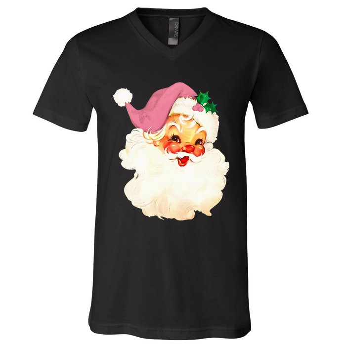 Vintage Pink Santa Claus Pink Christmas  V-Neck T-Shirt