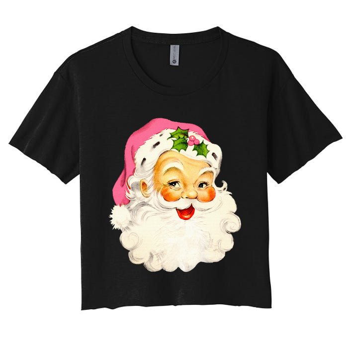 Vintage Pink Santa Claus Pink Christmas Pink Pajamas Xmas Women's Crop Top Tee