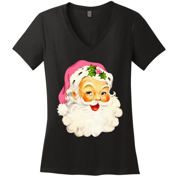 Vintage Pink Santa Claus Pink Christmas Pink Pajamas Xmas Women's V-Neck T-Shirt