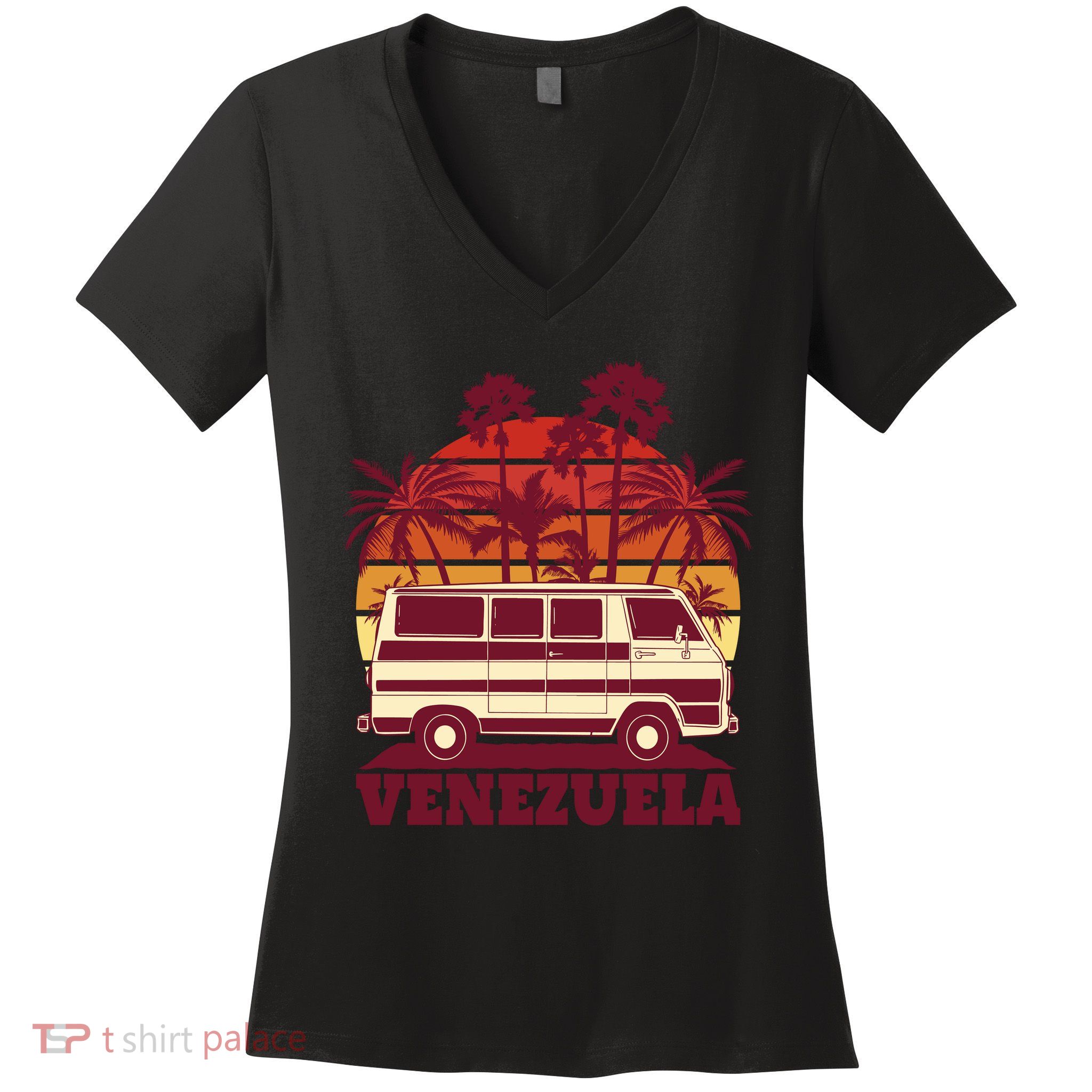 Venezuela Palm Tree Sunset Retro Women's V-Neck T-Shirt