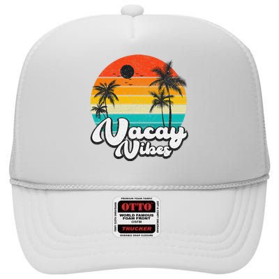 Vintage Palm Tree Sunset Beach Vacation Summer Vacay Vibes High Crown Mesh Back Trucker Hat