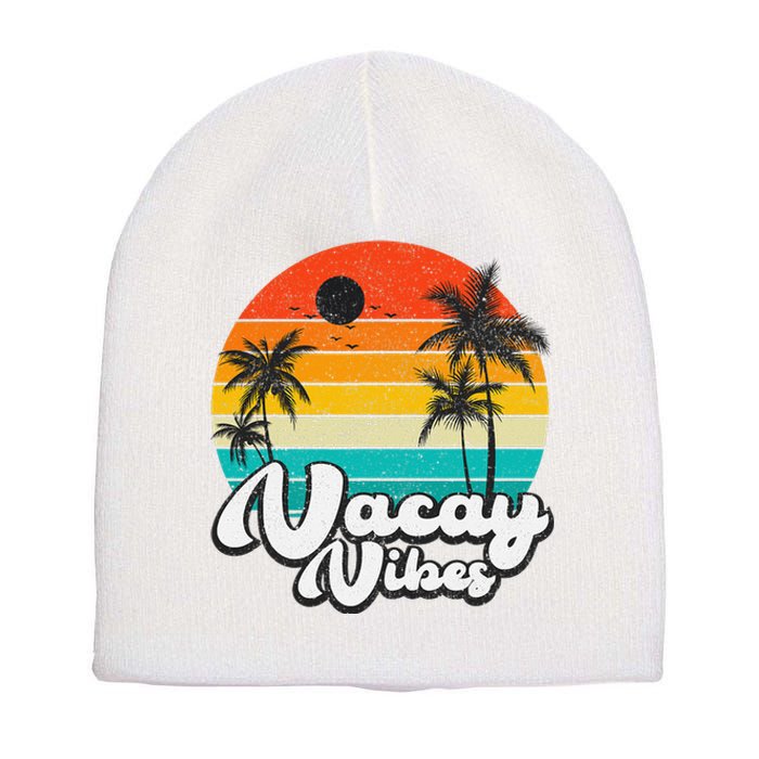 Vintage Palm Tree Sunset Beach Vacation Summer Vacay Vibes Short Acrylic Beanie