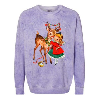 Vintage Pin Up Little Girl Reindeer Retro 1950s Christmas Colorblast Crewneck Sweatshirt