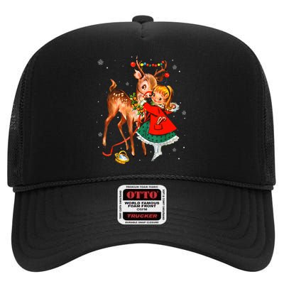 Vintage Pin Up Little Girl Reindeer Retro 1950s Christmas High Crown Mesh Back Trucker Hat