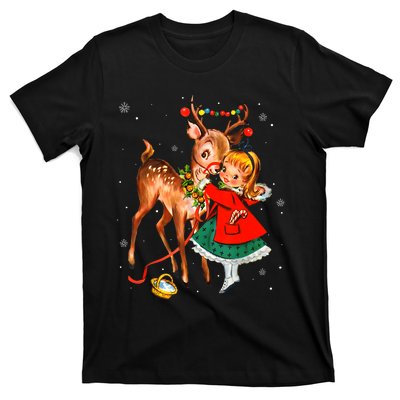 Vintage Pin Up Little Girl Reindeer Retro 1950s Christmas T-Shirt